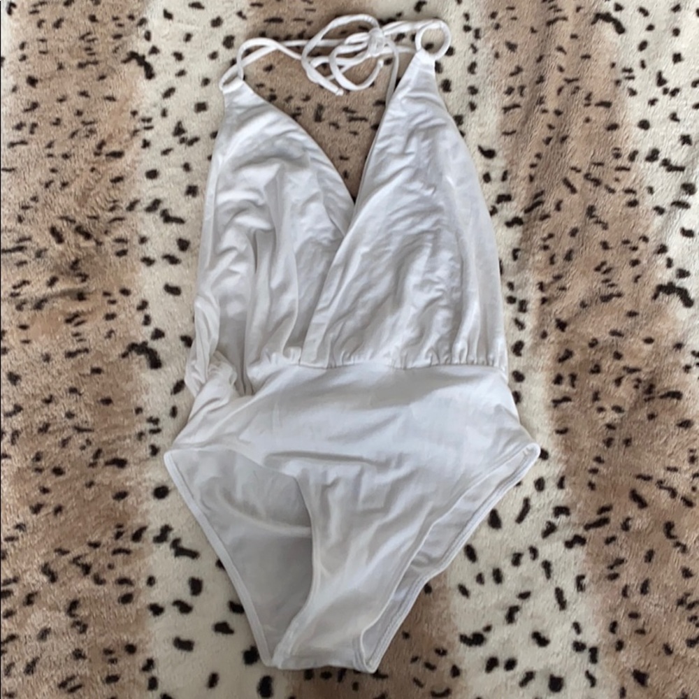NWT XS BLUE LIFE WHITE HALTER TIE BODYSUIT LINED